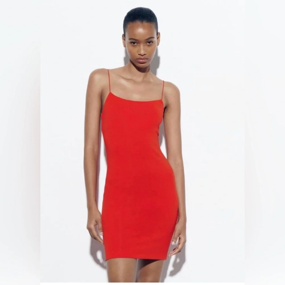 SOLD Zara Red Orange Mini Bodycon Silhouette Cocktail Dress Sz S NEW - Picture 1 of 7